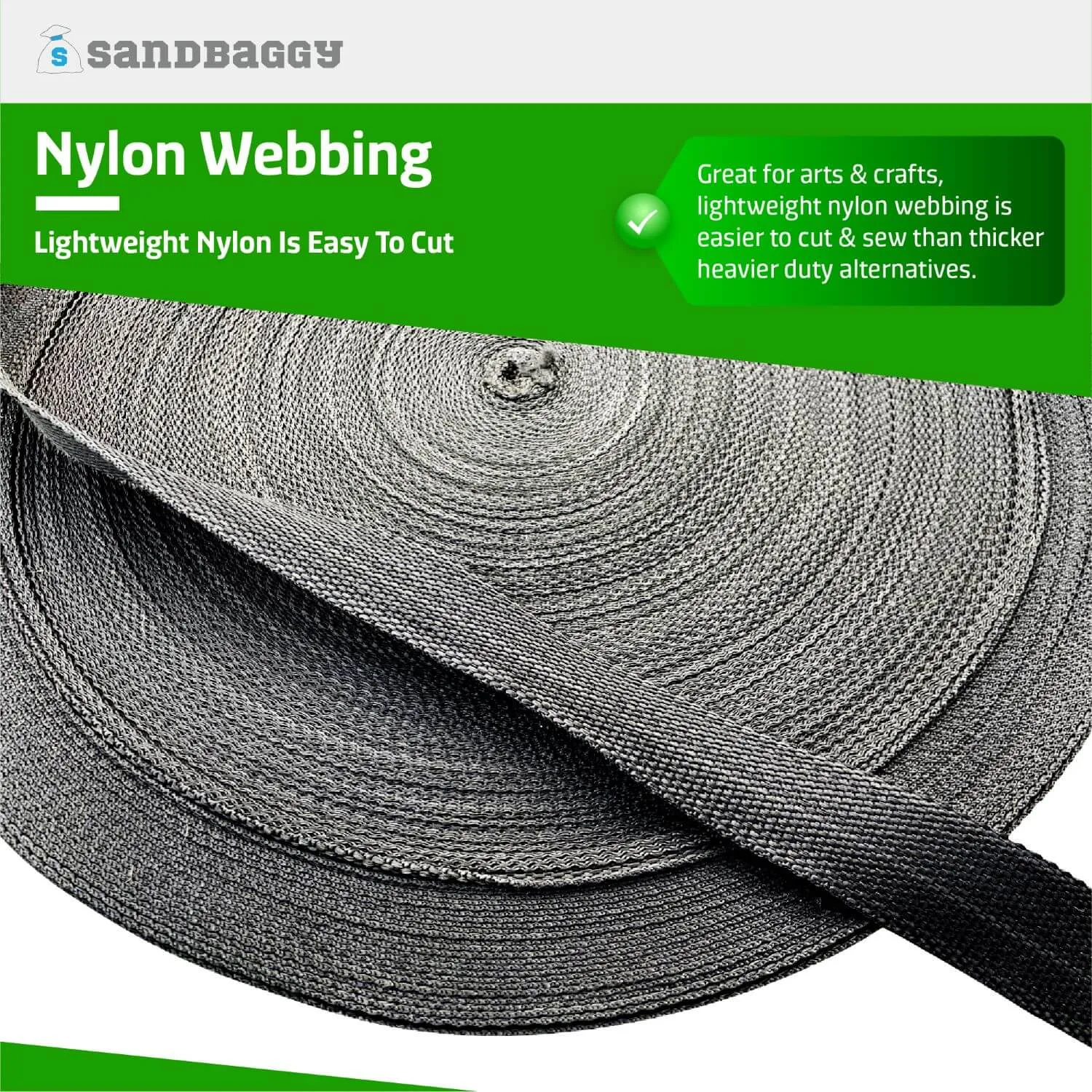 1" Flat Nylon Webbing Straps - Black, 25 Yd Roll - Lightweight