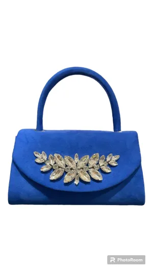 Adorne Blue Suede Diamanté Gem Clutch Handbag