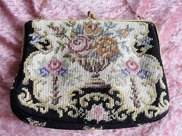 CHARMING Antique Petit Point Needlework Purse, Colorful Pink Roses Flowers Handbag, Urn Full of Flowers Bag,Collectible Evening Bags Purses