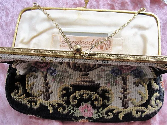 CHARMING Antique Petit Point Needlework Purse, Colorful Pink Roses Flowers Handbag, Urn Full of Flowers Bag,Collectible Evening Bags Purses