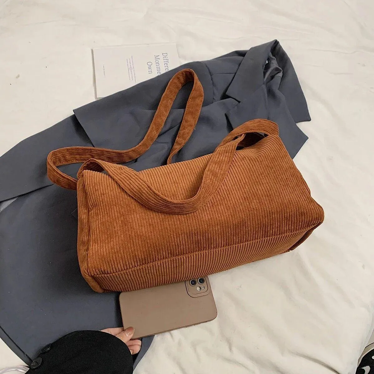 Corduroy Large Hobo Shoulder Bags Women Zipper Soft Solid Purses