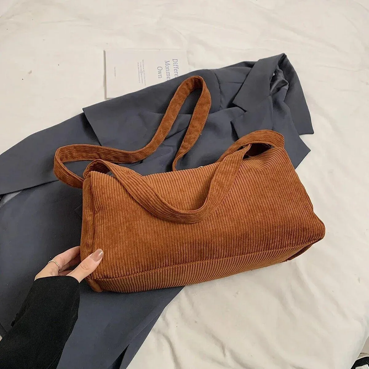 Corduroy Large Hobo Shoulder Bags Women Zipper Soft Solid Purses