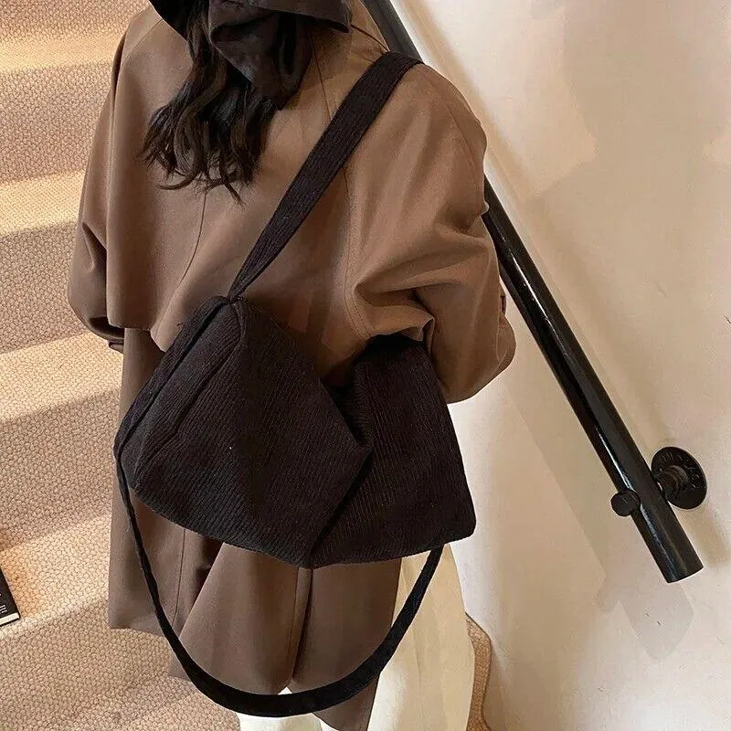 Corduroy Large Hobo Shoulder Bags Women Zipper Soft Solid Purses