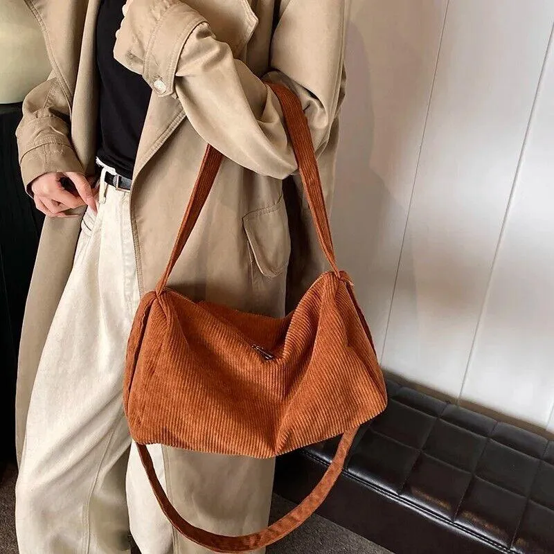 Corduroy Large Hobo Shoulder Bags Women Zipper Soft Solid Purses