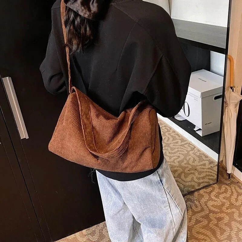 Corduroy Large Hobo Shoulder Bags Women Zipper Soft Solid Purses