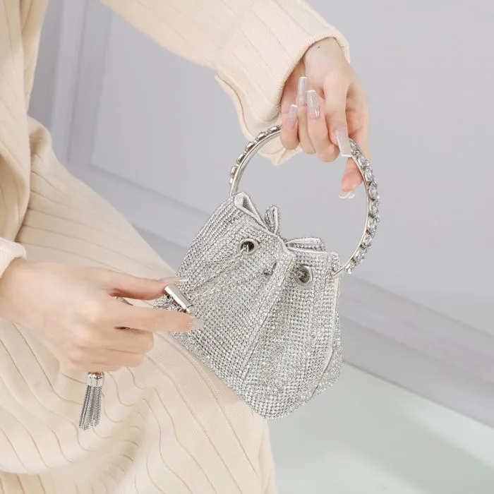 Crystal Pouch Handbag with Jewelled Handle in Silver