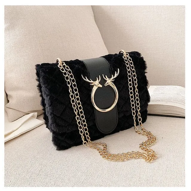 Deer Lock Chain Winter Soft Plush Fur Designer Handbag