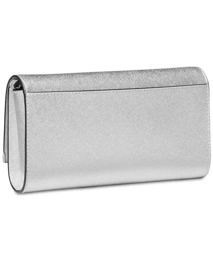 East West Michael Kors Large Leather Clutch, Silver