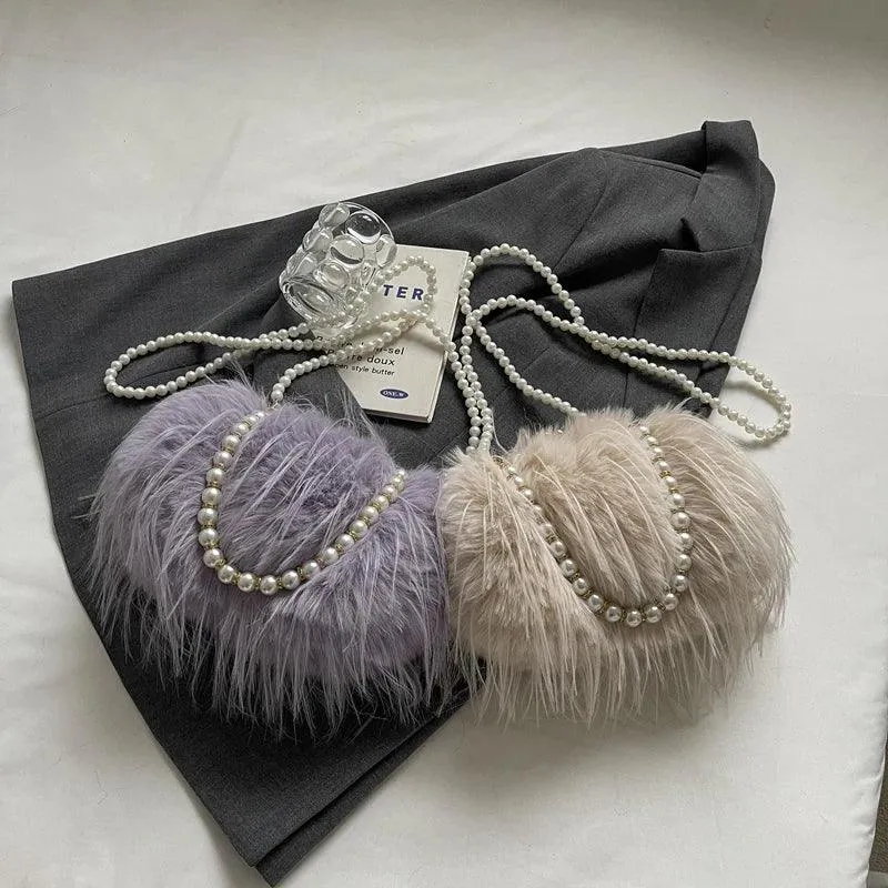 Faux Fur Crossbody Women's Small Kiss Lock Clutch Pearl Strap Tassel Purses