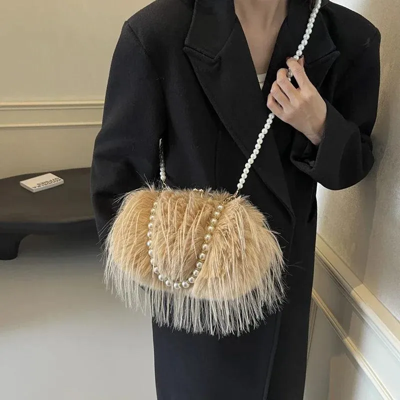 Faux Fur Crossbody Women's Small Kiss Lock Clutch Pearl Strap Tassel Purses