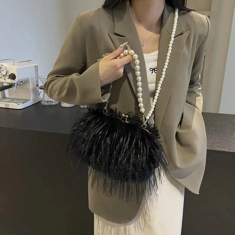 Faux Fur Crossbody Women's Small Kiss Lock Clutch Pearl Strap Tassel Purses