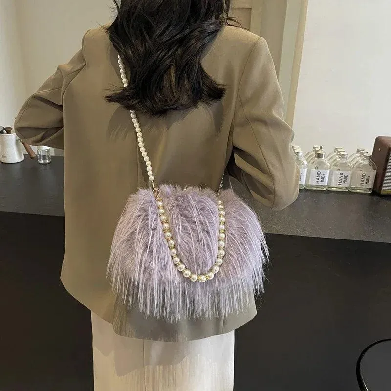 Faux Fur Crossbody Women's Small Kiss Lock Clutch Pearl Strap Tassel Purses