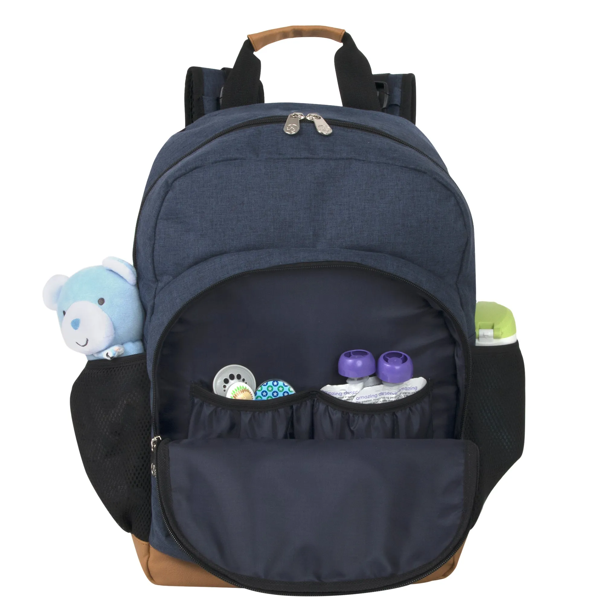 Fisher-Price Fastfinder Multi-Pocket Denim Diaper Bag Backpack With Changing Pad And Stroller Straps