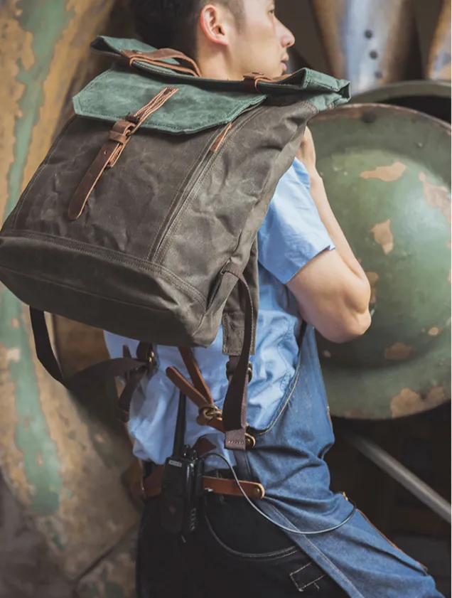 Handcrafted Canvas Leather Travel Backpack Casual Canvas Daypack Laptop Rucksack YD5191