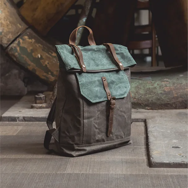 Handcrafted Canvas Leather Travel Backpack Casual Canvas Daypack Laptop Rucksack YD5191