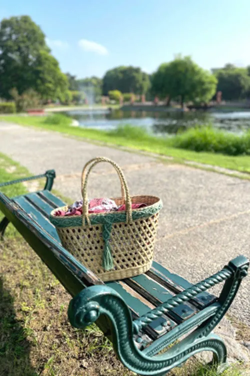 Handcrafted Reed Tote With Sage Macrame