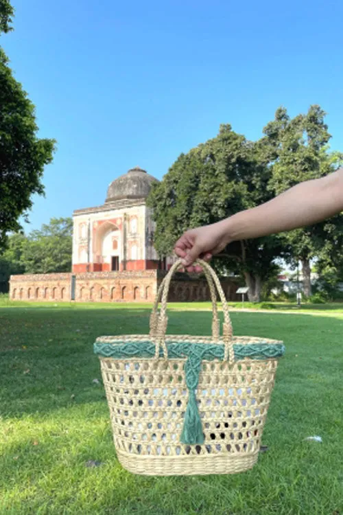 Handcrafted Reed Tote With Sage Macrame