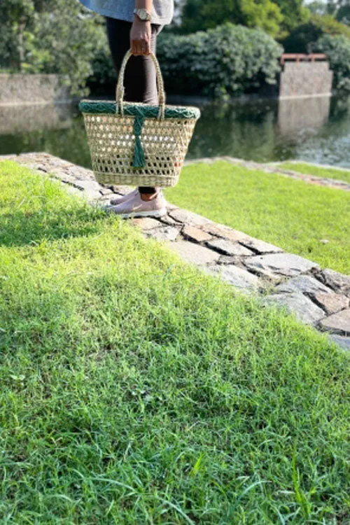 Handcrafted Reed Tote With Sage Macrame