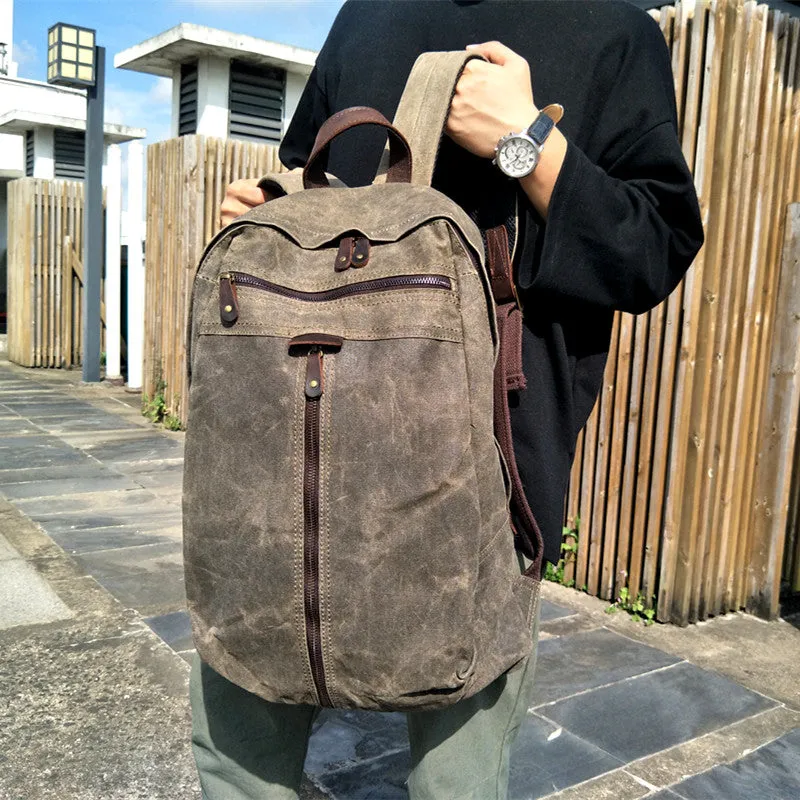 Handmade Waxed Canvas School Backpack Large Travel Backpack 15'' Laptop Backpack Outdoor Bag YC14