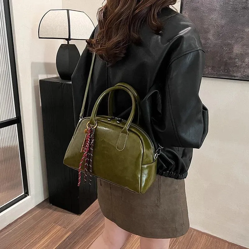 Leather Women Tote Bags Double Zipper Tassel Accessories Medium Purses