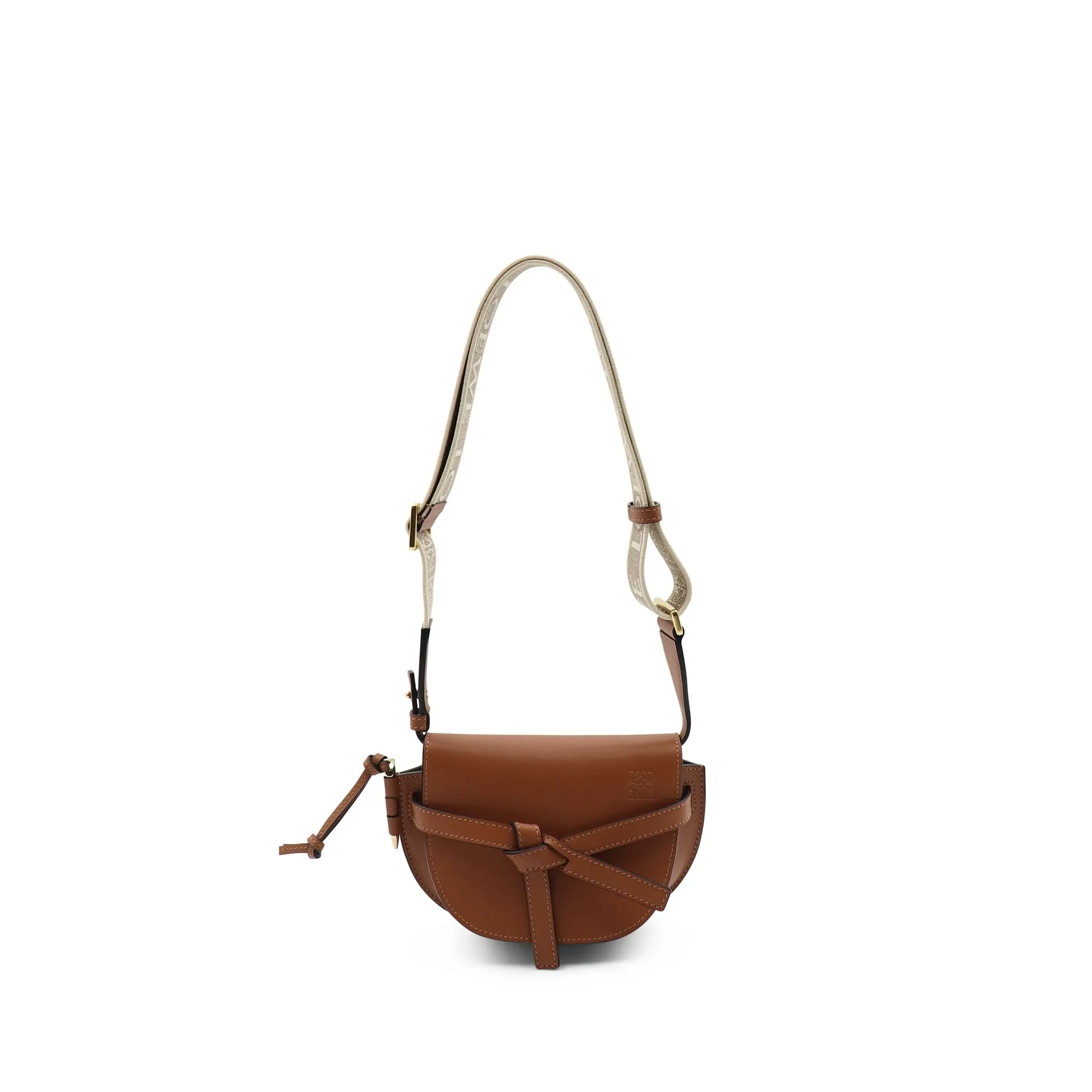 Mini Gate Dual Bag in Soft Calfskin and Jacquard Strap in Tan