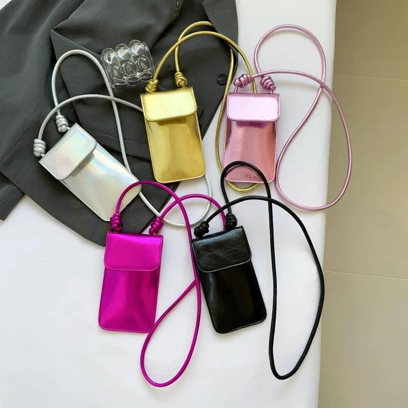 Mini Phone Purses Women Metalize Leather Flap Snap Crossbody Solid Bags