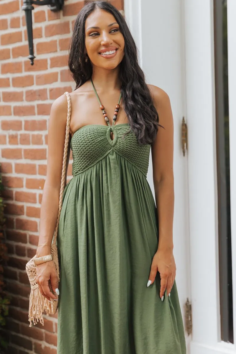 Olive Halter Beaded Ruched Maxi Dress - FINAL SALE