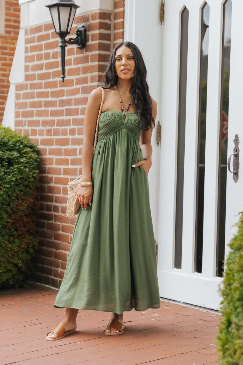 Olive Halter Beaded Ruched Maxi Dress - FINAL SALE