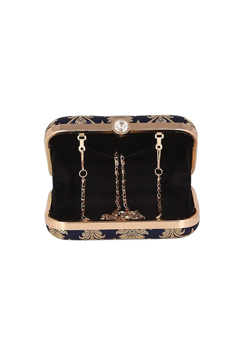 Royal Blue Brocade Box Clutch with Sling (8 X 2 X 4.5)