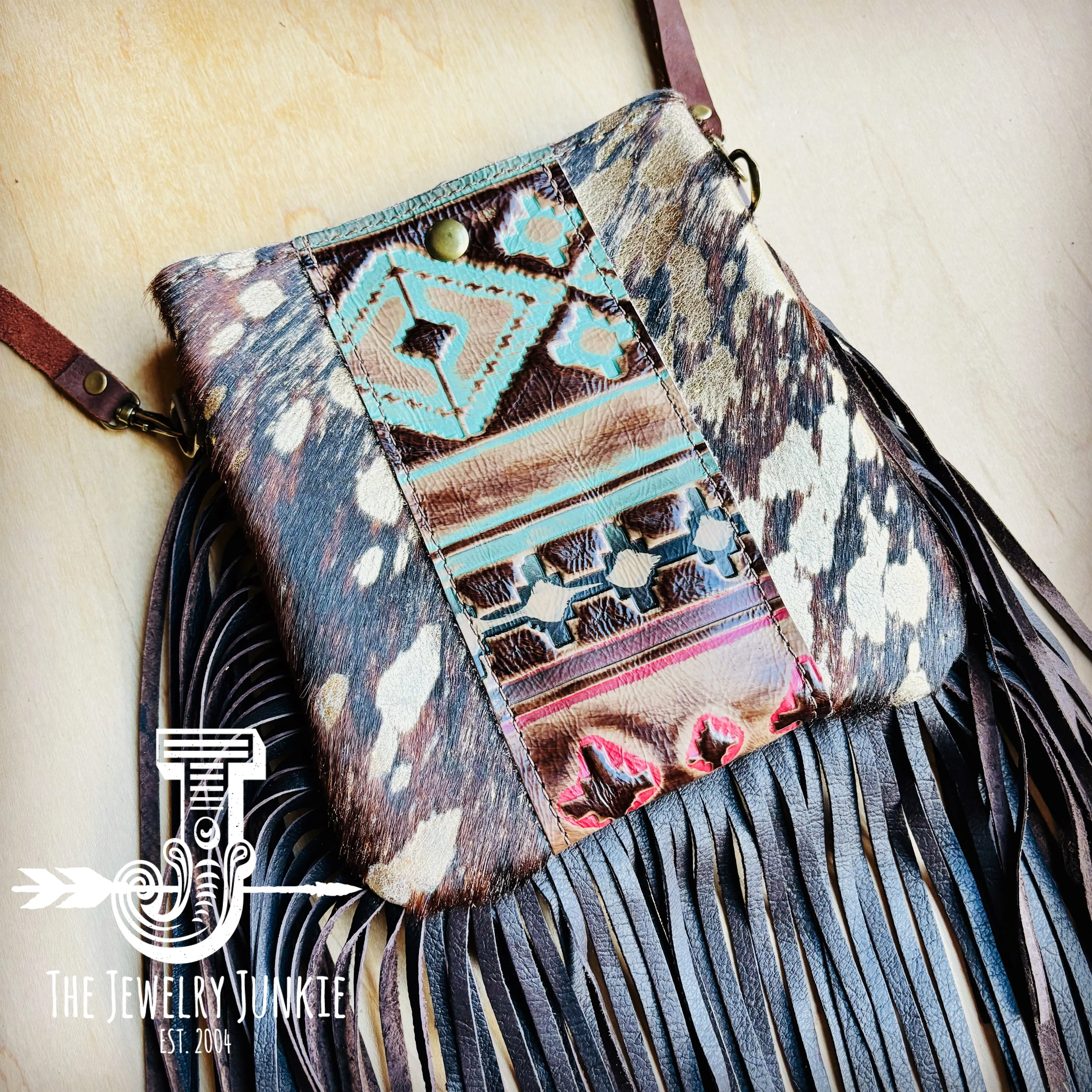 **Small Crossbody Handbag w/ Turquoise Navajo Accent Full Fringe 513v