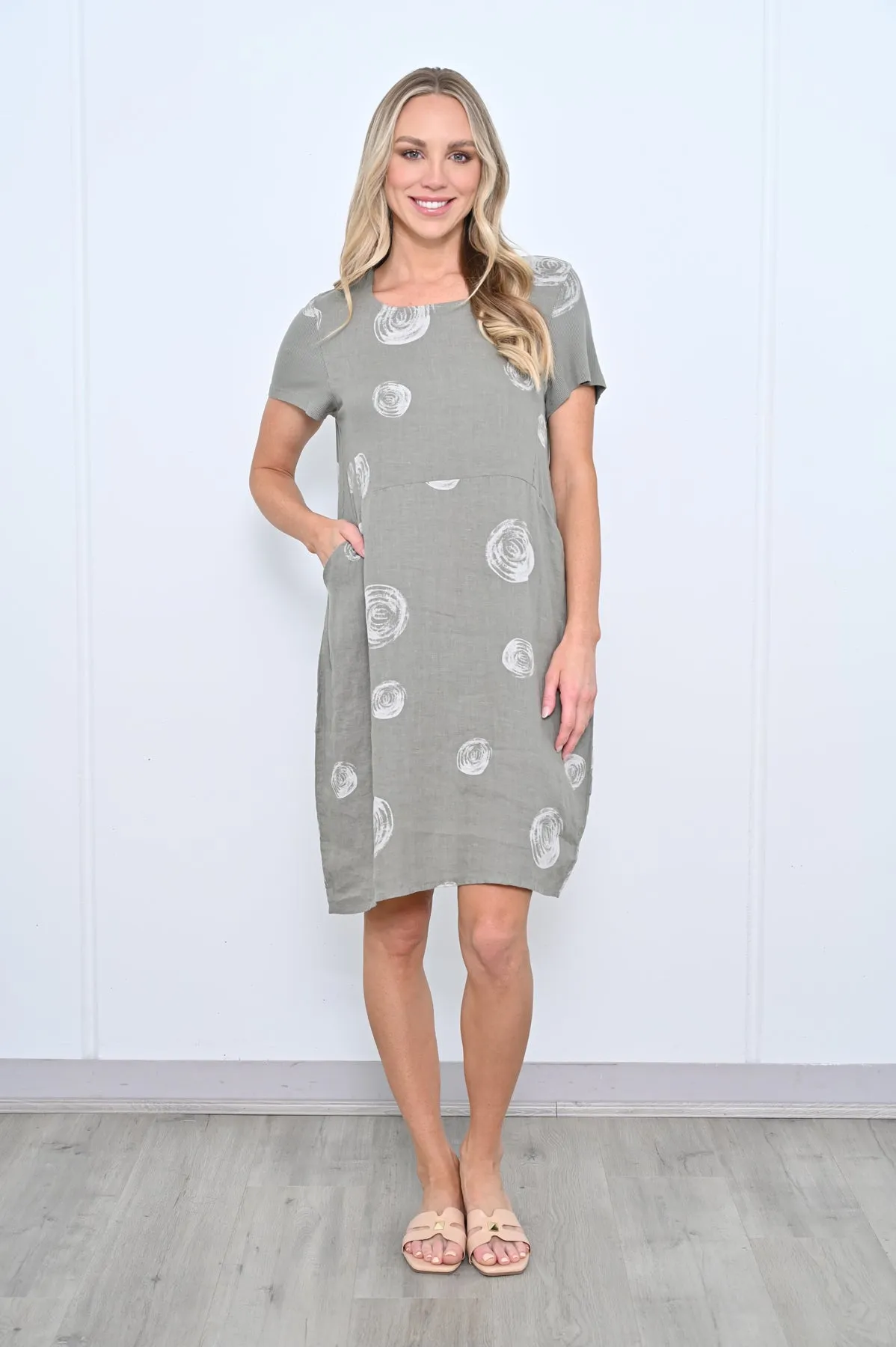 Swirl Print Dress Linen Khaki