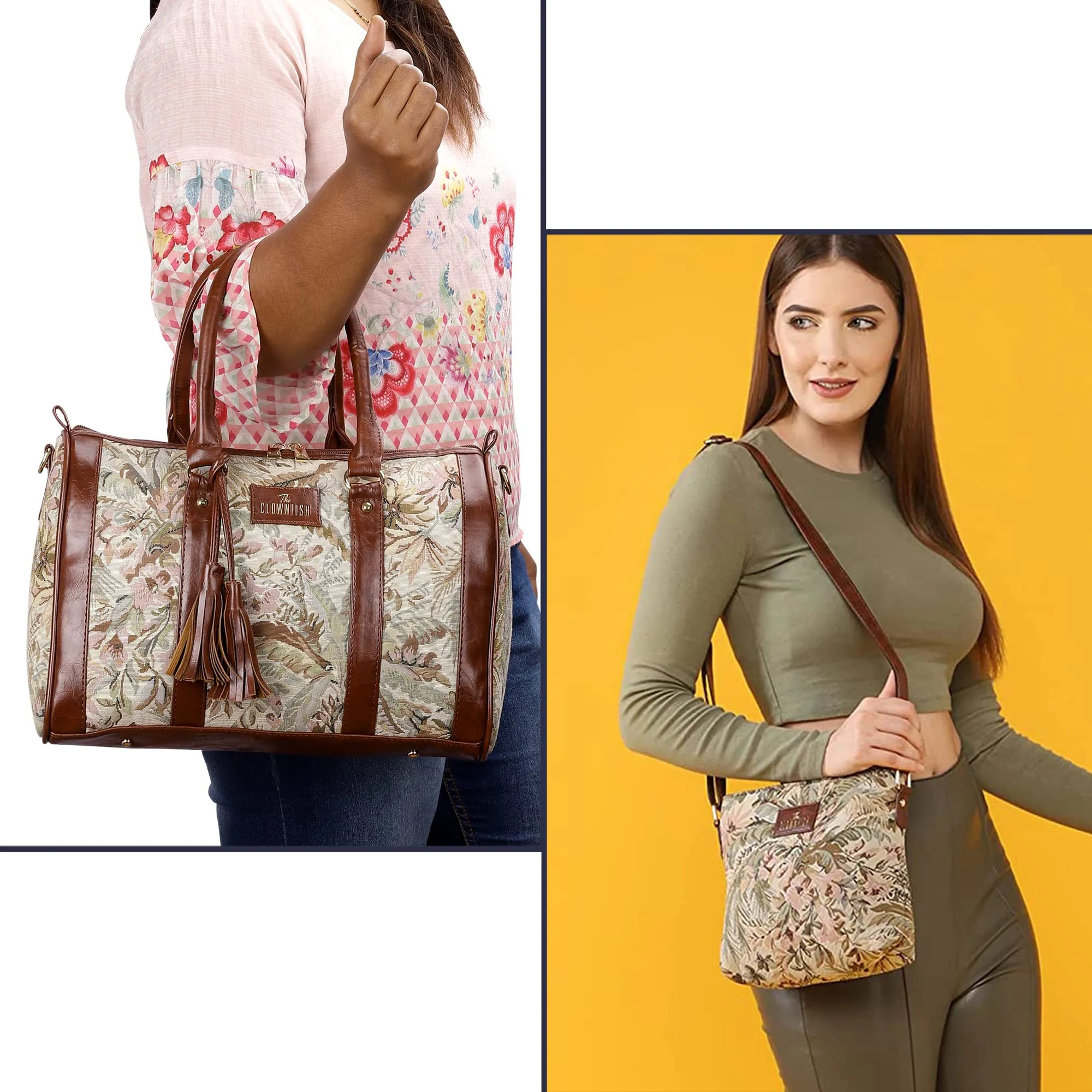 THE CLOWNFISH Combo of Linda Series Sling for Women Crossbody Bag for College Girls Lorna Tapestry Fabric & Faux Leather Handbag Sling Bag for Women (Beige)